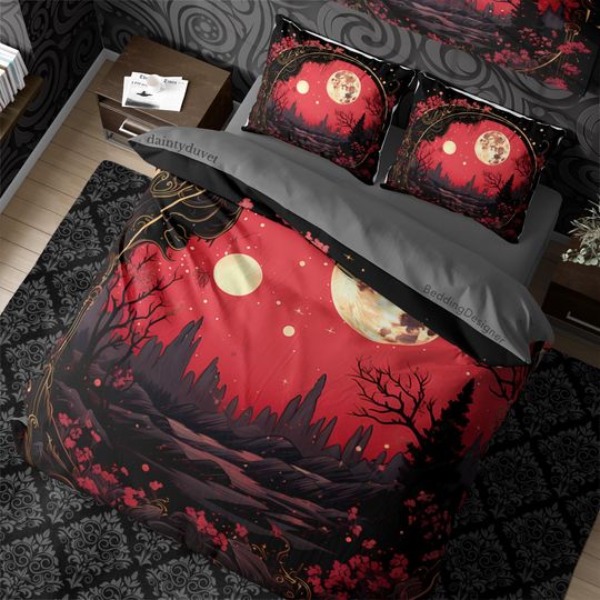 Red Full Moon Dark Cottage Core Duvet Cover Whisigothic Quilt Cover, Witchcore Bedding Set Hippie Goth Bedspread, Dark Fantasy Aesthetic