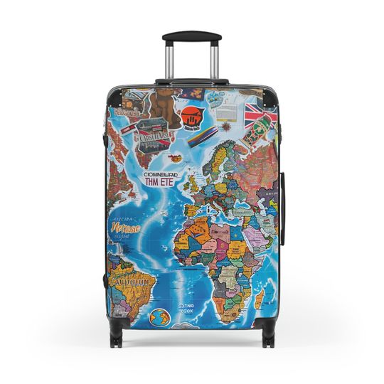 Discover World Map Suitcase - Stylish Travel Luggage with Global Stickers Design, 360 Wheels, Lock, Adjustable Handle