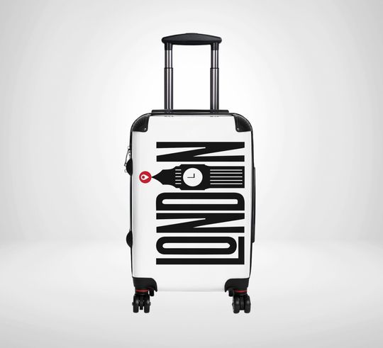 Discover London Location Pin Suitcase Luggage, Modern Travel Hard Shell Suitcase, City Destination Holiday Case, White Suitcase with Spinner Wheels