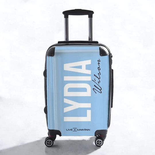 Discover Personalised Baby Blue Side Name Suitcase | Cabin Suitcase |Custom Suitcase | Marble Suitcase |Custom Luggage |Travel | Personalized Luggage
