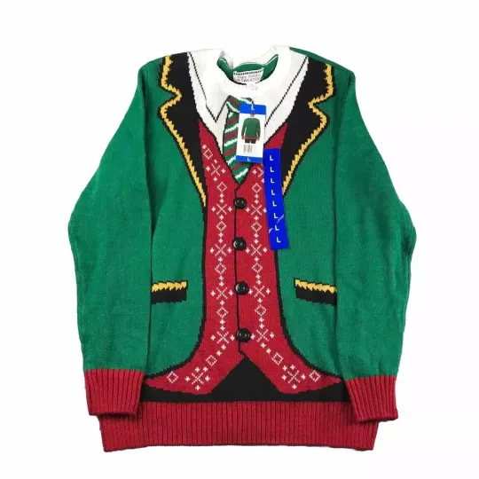 Ugly Holiday Sweater Mens Large Green Winter Blazer Crew Neck Pullover NWT