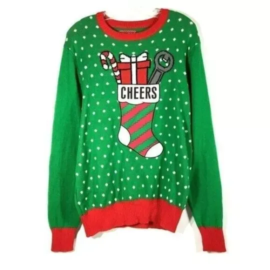 Discover Ugly Christmas Sweaters Mens CHEERS Christmas Stocking Medium Green