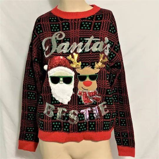 Ugly Christmas Sweater Santa's Bestie Sequin Rudolph Sunglasses Junior Women XL
