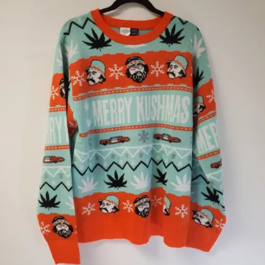 Cheech And Chong Merry Kushmas Ugly Christmas Sweater Black Orange Green Size S