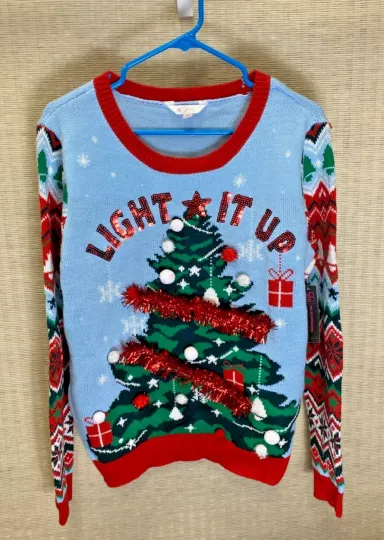 No Boundaries "Light it up" Ugly Christmas Sweater w/garland Juniors Large Blue