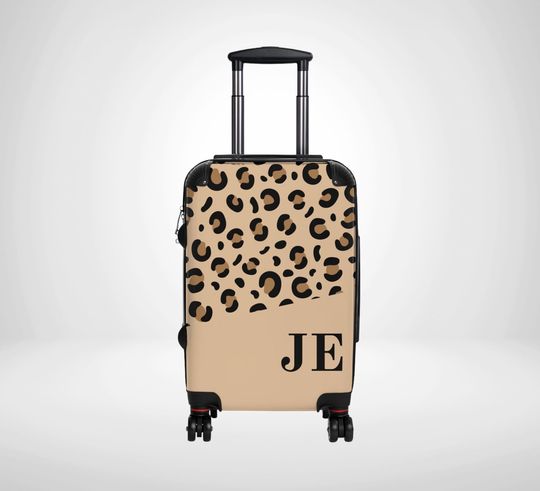 Tan Leopard Print Personalised Suitcase, Modern Animal Print Luggage, Bespoke Monogram Holiday Travelling Case, Woman Travel Gift For Her