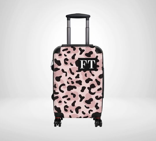Pink Leopard Print Personalised Suitcase, Modern Animal Print Luggage, Bespoke Monogram Holiday Travelling Case, Woman Travel Gift For Her