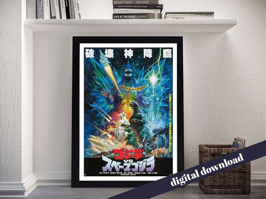 god zilla Vs Space god zilla - Retro Japanese Movie Poster - Digital Printable Download - Retro Cinema, Film, Retro, Horror, Kaiju, Monster