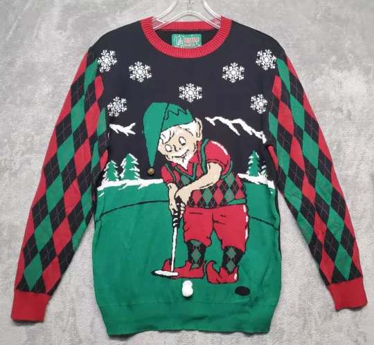 Ugly Christmas Sweater Men Medium Black Green Red Golfing Elf Bell Argyle Snow C