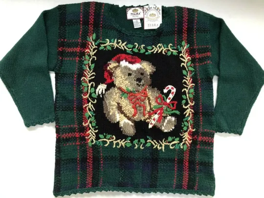 VINTAGE TIARA HANDKNIT UGLY CHRISTMAS TEDDY BEAR SWEATER NWT PETITE LARGE