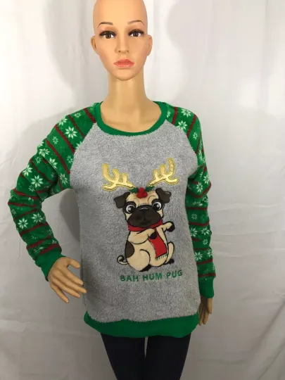 Christmas Sweater - Bah Hum Pug - Girl Junior Size M - Ugly Holiday Party - NEW
