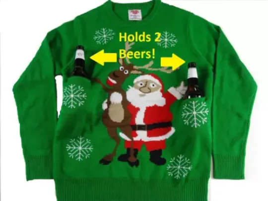 Men's Ugly Christmas Sweater Holds Beer Holder Santa Cheers Holiday  New