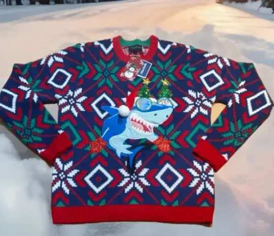 Discover Blizzard Bay Shark Christmas Ugly Sweater Mens Large Pullover Multicolor NWT