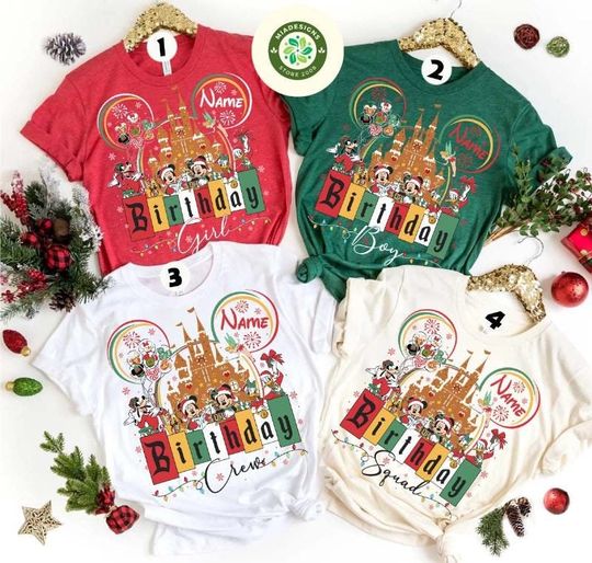 Discover Personalized Mickey and Friends Christmas Birthday Party shirts, Disney Christmas Family Birthday Outfit, Disney Gingerbread Castle Shirt