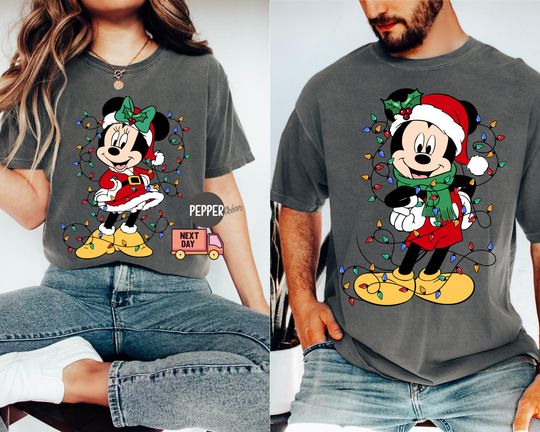 Discover Comfort Colors Mickey and Minnie Mouse Disney Couples Christmas Lights T-Shirt,Mickey's Very Merry Xmas Party Shirt,Disneyland Holiday Gift
