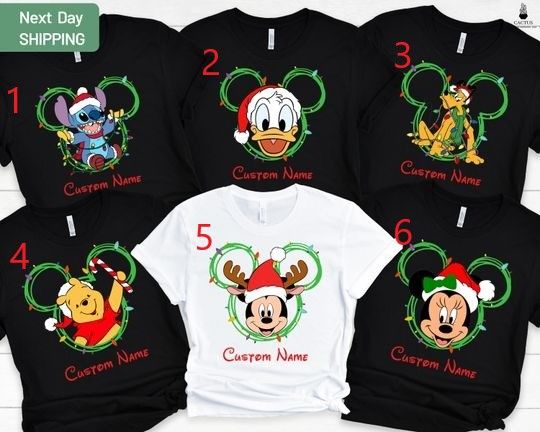 Discover Personalized Disney Mickey and Friends Christmas Family Matching T-shirt, Custom All Characters Disneyland Xmas Tee