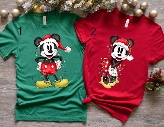 Discover Disney Couples Mickey and Minnie Mouse Christmas Lights T-Shirt, Mickey's Very Merry Xmas Party Sweatshirt, Disneyland Vacation Holiday Gift