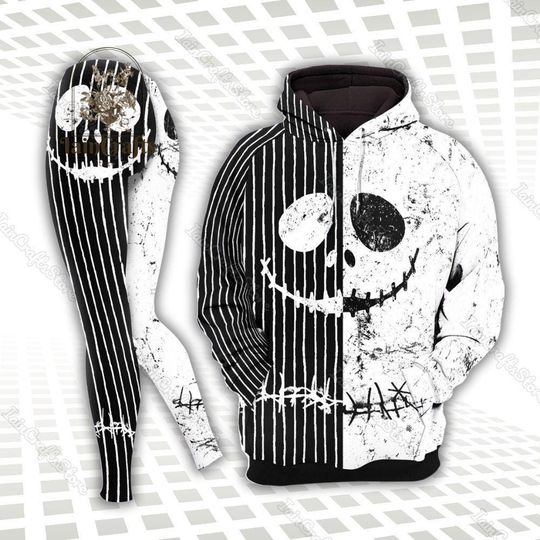Halloween Jack Skellington Cosplay Hoodie/Leggings, Horror Workout Pants, Nightmare Before Christmas Outfit, Disney Halloween Leggings