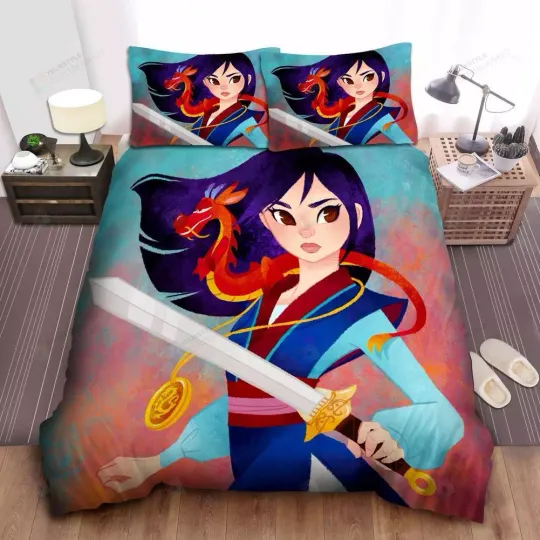 Disney Princess Mulan Mushu Illustration Quilt Duvet Cover Set Bed Linen