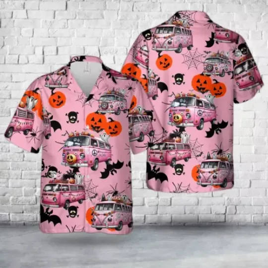 Discover Hawaiian Button Up Shirt, Pink Halloween Van Hawaiian Shirt