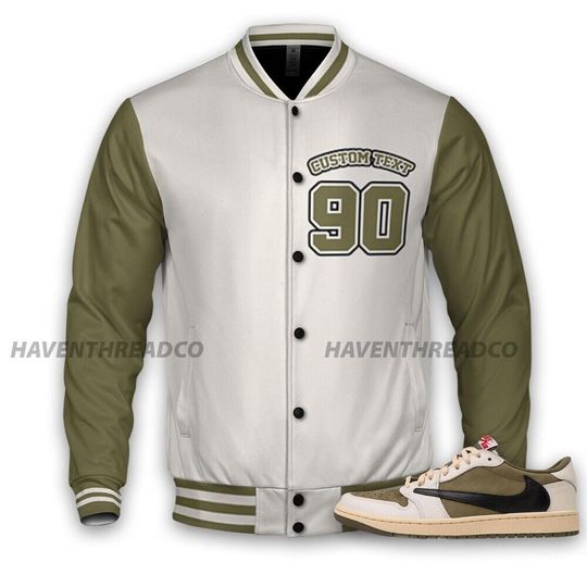 Discover AJ 1 Medium Olive Unisex Varsity Jacket, Good Things Varsity Custom, Custom Baseball Jacket