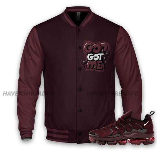 VaporMax Night Maron Burgundy Unisex Varsity Jacket, God Got Me Varsity Custom, Custom Baseball Jacket