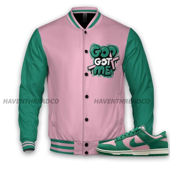 Discover Dunk Pink Malachite Medium Soft Low Sail Unisex Varsity Jacket, God Got Me Varsity Custom, Custom Baseball Jacket