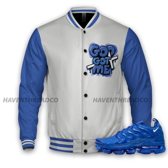 VaporMax Game Royal Blue Unisex Varsity Jacket, God Got Me Varsity Custom, Custom Baseball Jacket