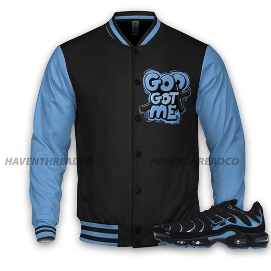 AM Plus Black Univercitii Blue Unisex Varsity Jacket, God Got Me Varsity Custom, Custom Baseball Jacket