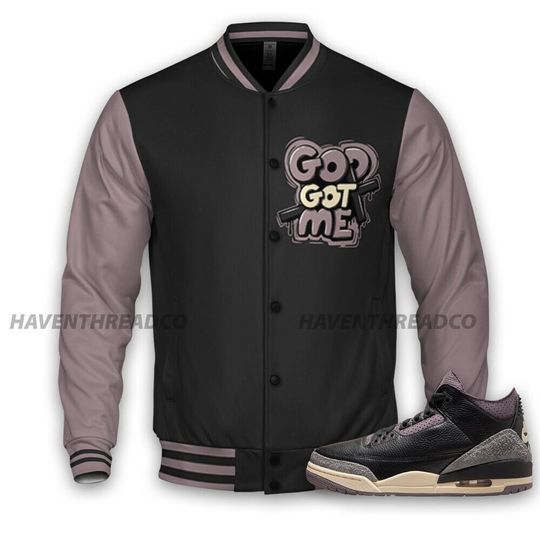 AJ 3 Black Violet Ore Unisex Varsity Jacket, God Got Me Varsity Custom, Custom Baseball Jacket