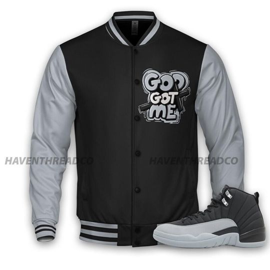 AJ 12 Wolf Grey Unisex Varsity Jacket, God Got Me Varsity Custom, Custom Baseball Jacket