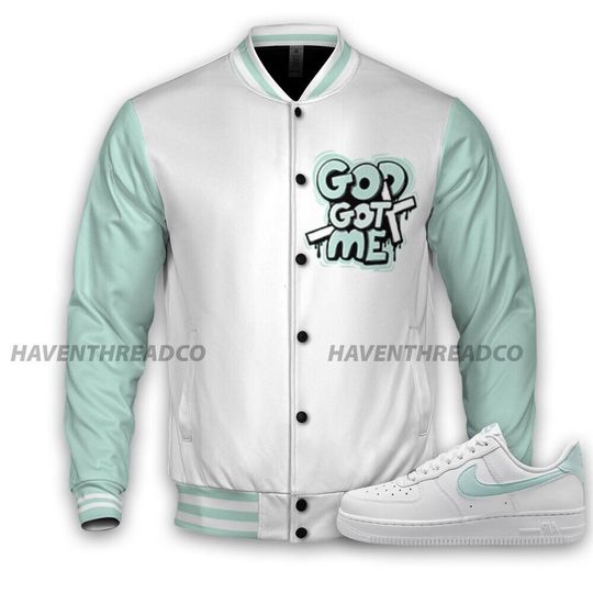 AF 1 Low Jade Ice White Unisex Varsity Jacket, God Got Me Varsity Custom, Custom Baseball Jacket