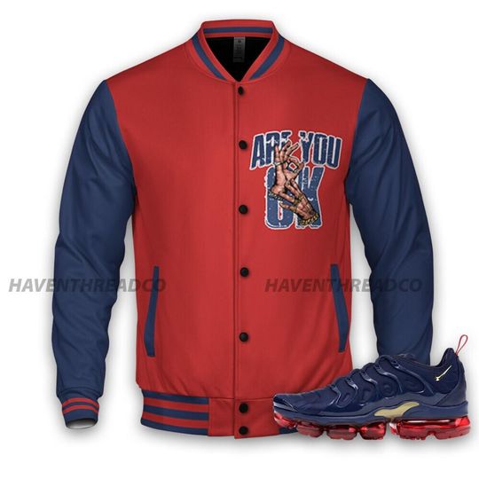 Discover VaporMax Air Plus Midnight Navy Gold Black Unisex Varsity Jacket, Are You OK Varsity Custom, Custom Baseball Jacket