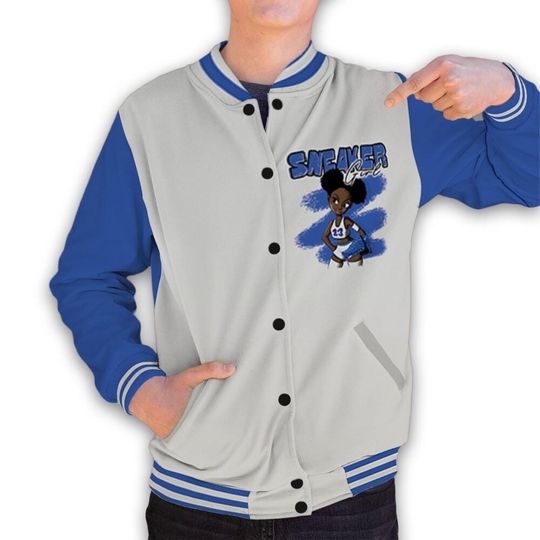 VaporMax Game Royal Blue Unisex Varsity Jacket, Black Sneaker Girl Varsity Custom, Custom Baseball Jacket
