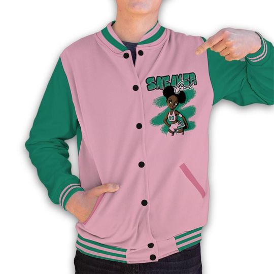 Dunk Pink Malachite Medium Soft Low Sail Unisex Varsity Jacket, Black Sneaker Girl Varsity Custom, Custom Baseball Jacket