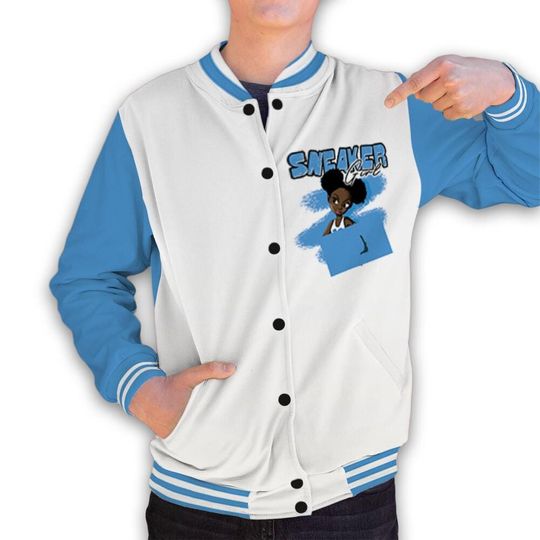 Discover AJ 17 Carolina Blue Univercitii Unisex Varsity Jacket, Black Sneaker Girl Varsity Custom, Custom Baseball Jacket
