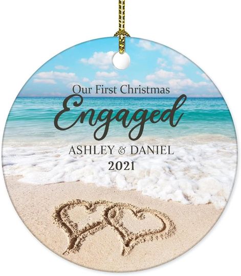 Our First Christmas Engaged Ornament Beach Hearts in Sand Custom Couple Name Ceramic Christmas Ornament Personalized Married Wedding Engagement Gift for Newlywed Keepsake 3" Souvenir