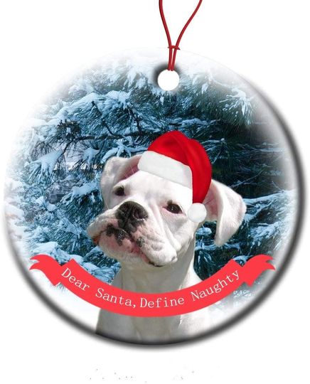 Discover Xmas Ornaments Ceramic Flat Round Snowflakes Santa Dog Boxer White Puppy Custom Tree Branch Hanging Decoration for Holiday Season