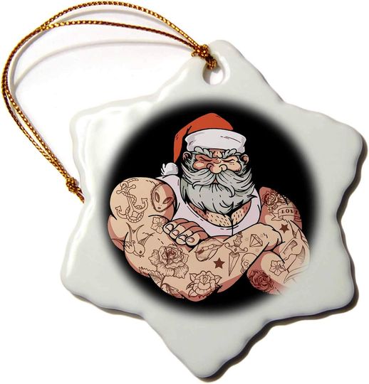 3dRose Snowflake Ornament - Santa Claus for Merry Christmas with Tattoo Flowers Bird - 3-inches