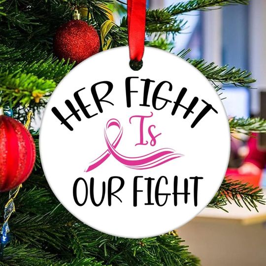 Discover Her Fight is Our Fight Christmas Tree Ornament Breast Cancer Heal Ribbon Ceramic Ornament for Christmas Tree Decorations Christmas Stocking Filling Gift Xmas Pendant