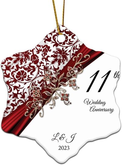 11th Wedding Anniversary Christmas Porcelain Ornament 11 Years As Mr Mrs Ceramic Keepsake Wedding Marriage Customized Christmas Tree Decoration for Party Home 3 Inch with Gold String
