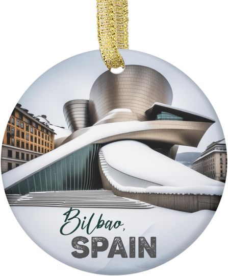 Discover Double Sided Ceramic Hanging Christmas Tree Ornament Travel of Guggenheim Bilbao Spain Museum in Snow - Souvenir Christmas Xmas Holiday Ornaments Tree Decorations 01
