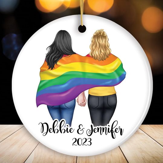 Discover Gay Pride Women Couple with Rainbow Flag Personalized Christmas Ornament, LGBT and Lesbian Activism