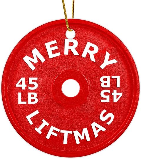 Discover 3 Inch Christmas Ornament Funny Fitness Gym Dumbbell Round White Ceramic Holiday Hanging Souvenirs Customized Two Sides Printed Souvenirs with String for Holiday Xmas Tree Decor