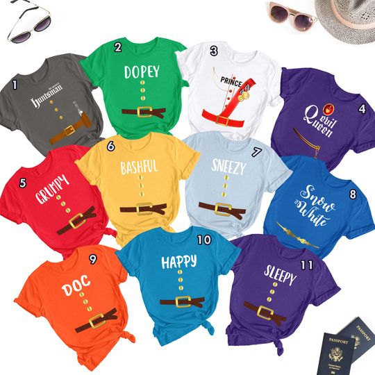 Snow White And Seven Drawfs Matching Family Shirt, Seven Drawf Character Halloween Costume Cosplay T-Shirt, Magic Family Birthday Party Tee
