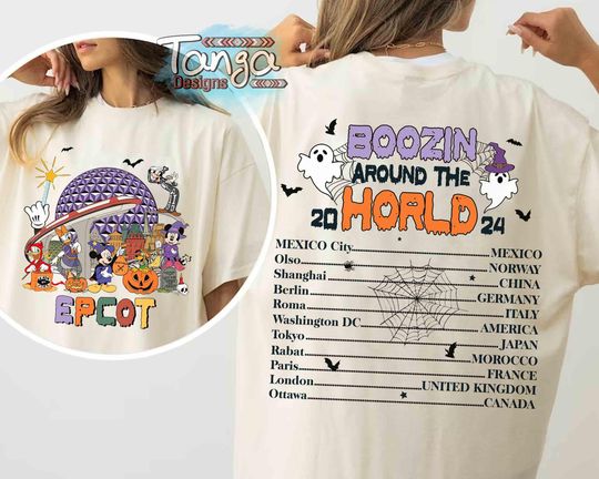 Discover Two-Sided Mickey Friends Epcot Center Halloween Shirt, Boozin Around The World Tee, Disney Spooky Season Mickey's Not So Scary Party Gift