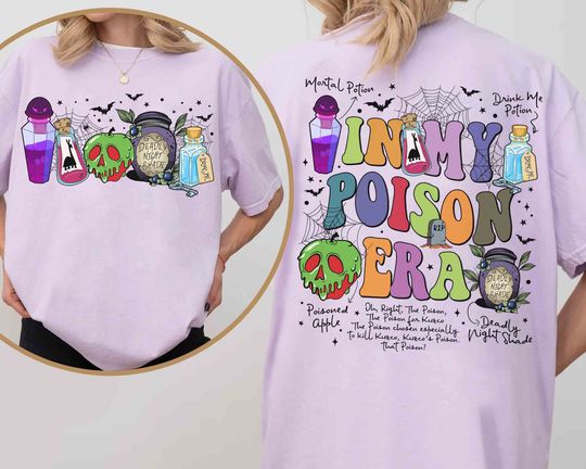 2-sided In My Poison Era Halloween Vintage Shirts, Disney Villains Witch Tee, Yzma, Evil Queen, Ursula, Disneyland Family Vacation 2024 Trip