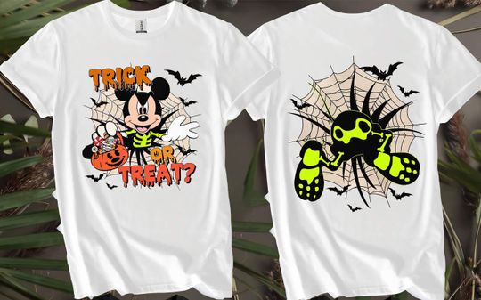 2-sided Mickey & Friends Skeleton Halloween Custom T-Shirts for Men, Women, and Kids