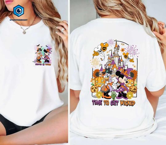 Discover Custom Name Besties Halloween Shirt, Minnie Daisy Halloween Spooky Season Shirt, Time To Get Wicked, Disneyland Halloween Trick Or Treat