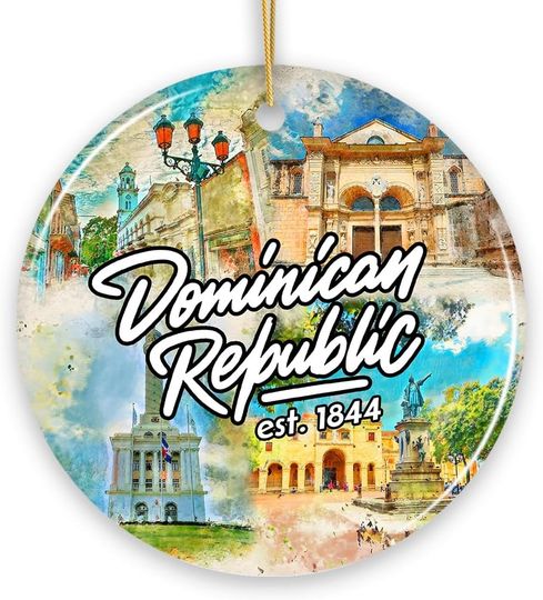 Illustrated Tropical Dominican Republic Ceramic Ornament, Caribbean Travel Souvenir